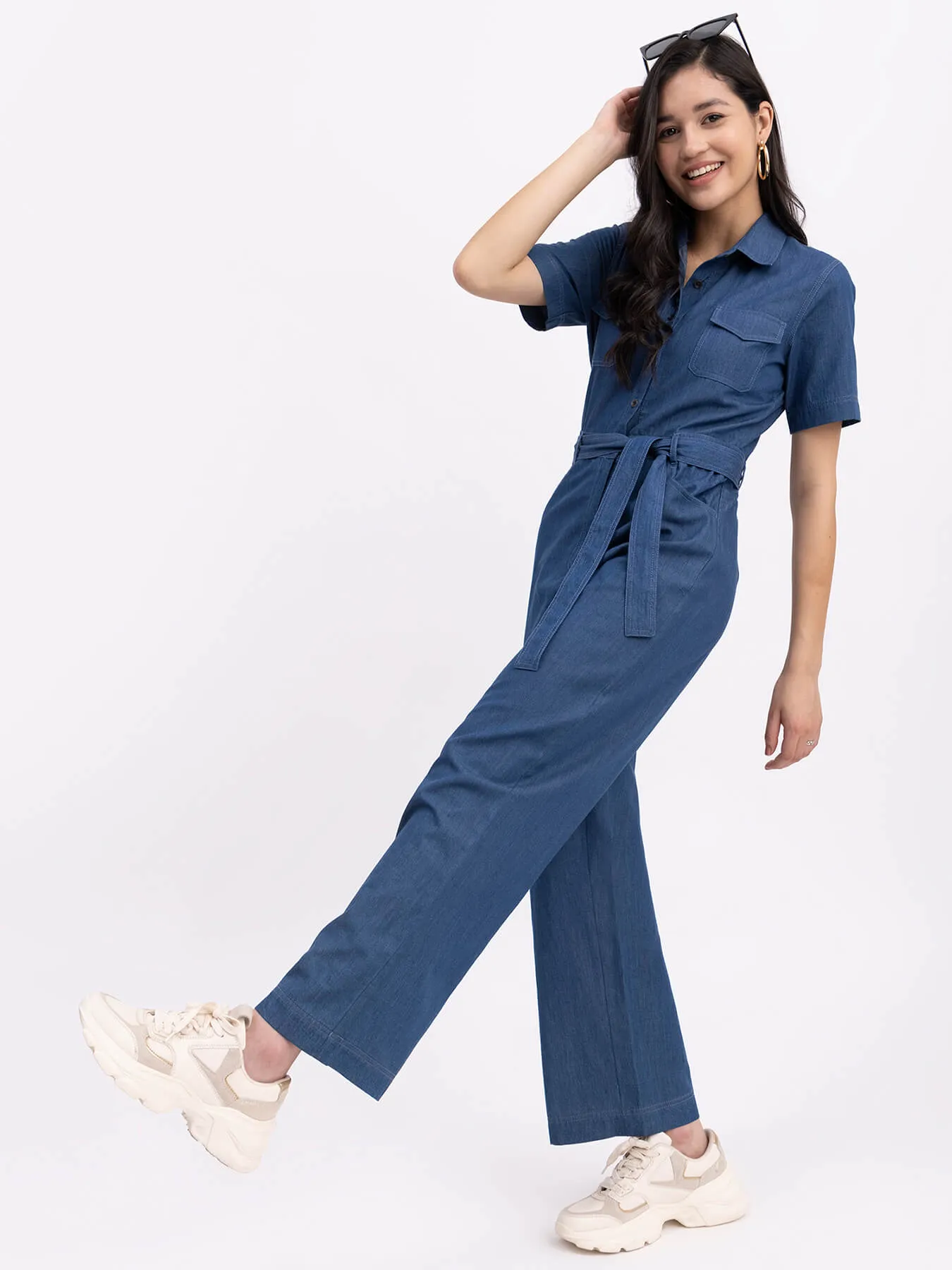 Denim Shirt Collar Jumpsuit - Navy Blue