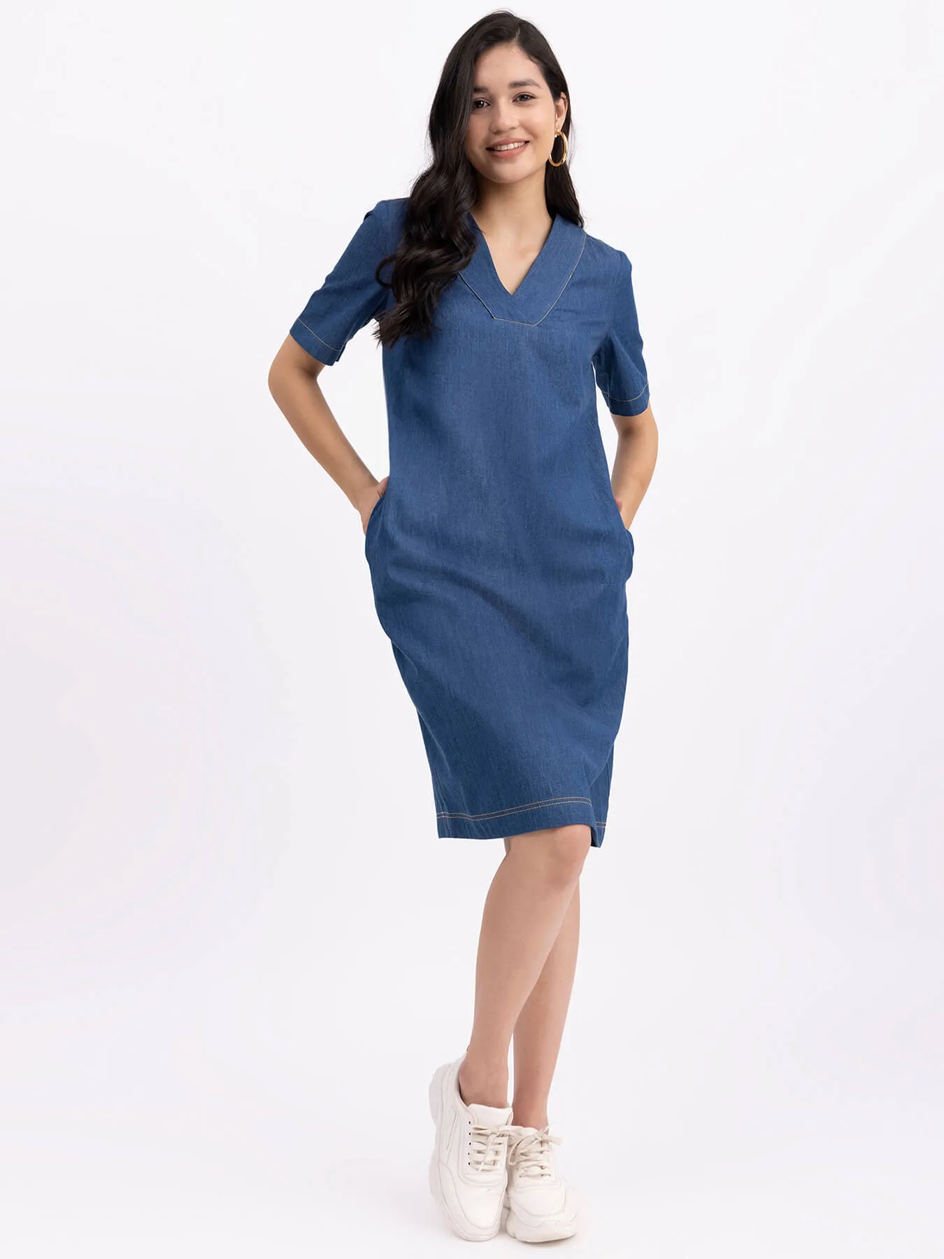 Denim V-Neck Shift Dress - Navy Blue