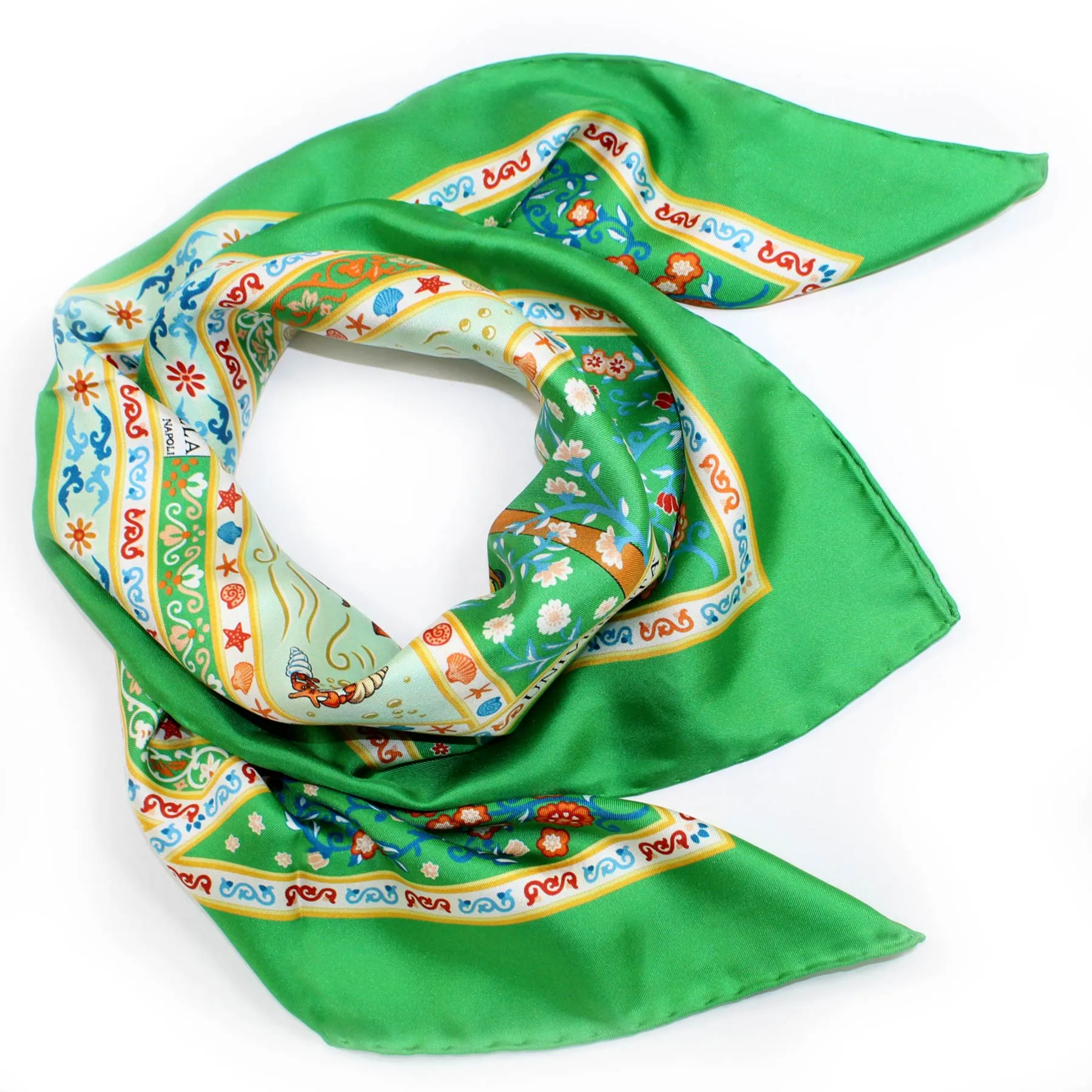 E. Marinella Scarf Green Marine Life & Floral - Twill Silk Square Foulard FINAL SALE