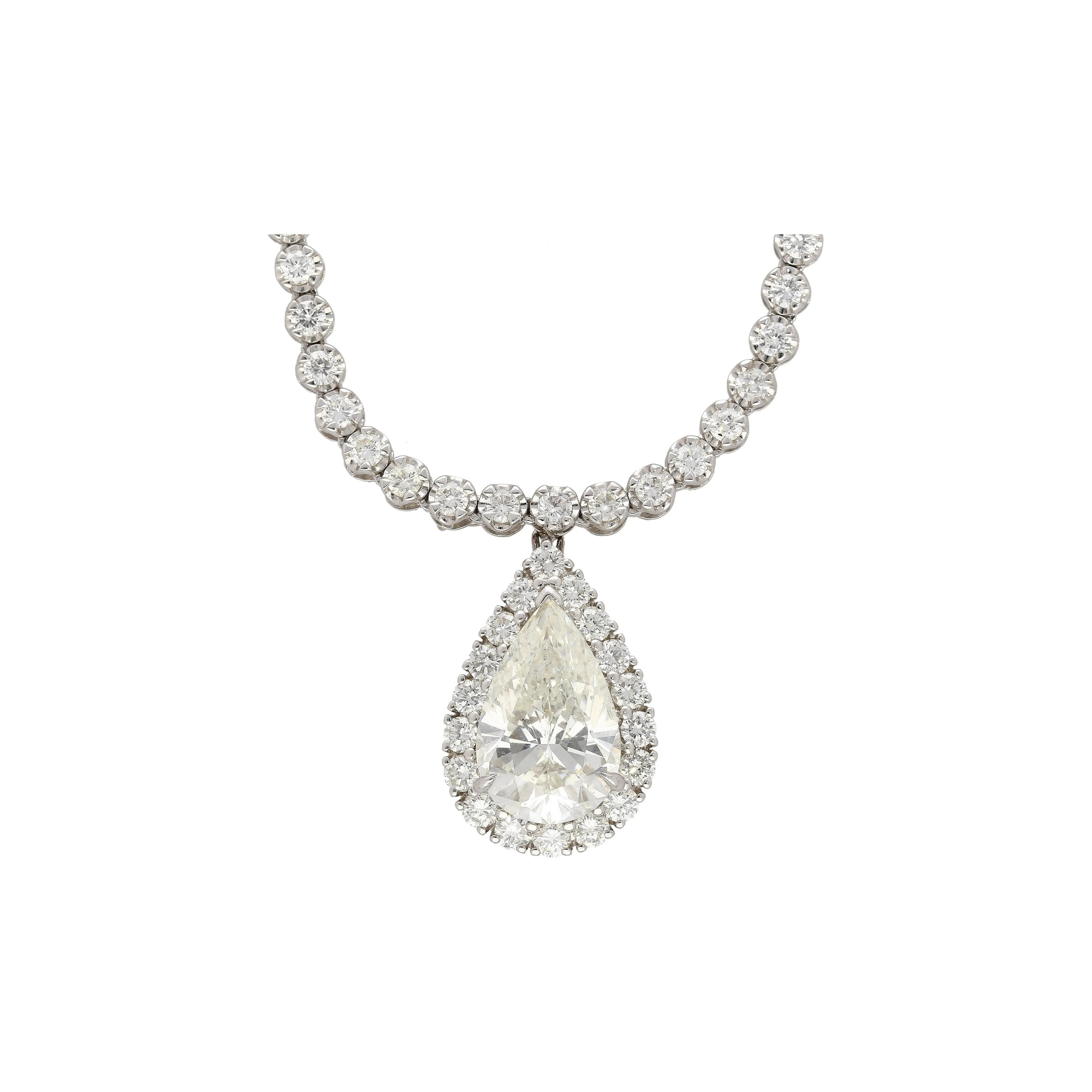 EGL Certified 5.02 Carat Pear Diamond Pendant and Diamond Halo & Sapphire Detail