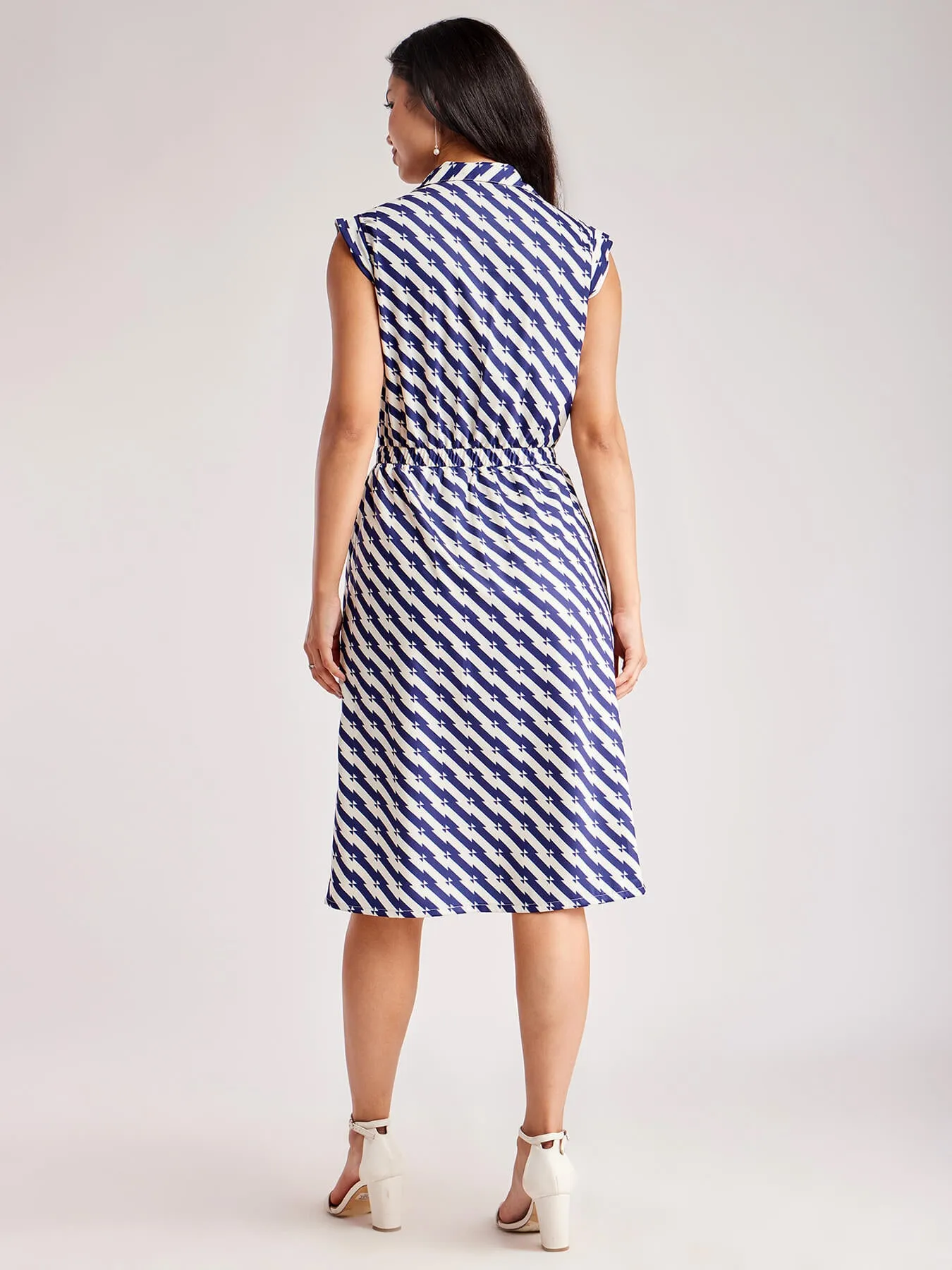 Elasticated Waist Collared Dress - Blue And Off White