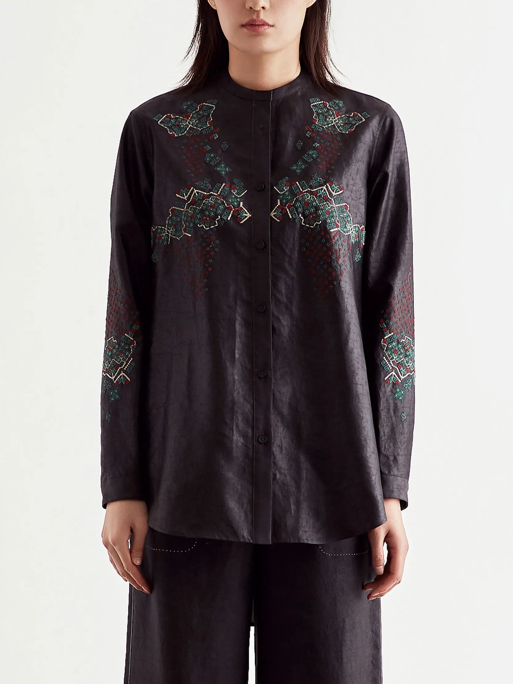 Embroidered Gambiered Guangdong Silk Shirt