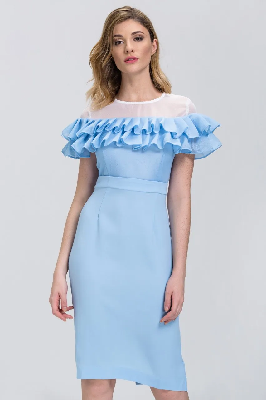 Fatima Almomen - Baby Blue Mesh Yoke Ruffled Midi Dress