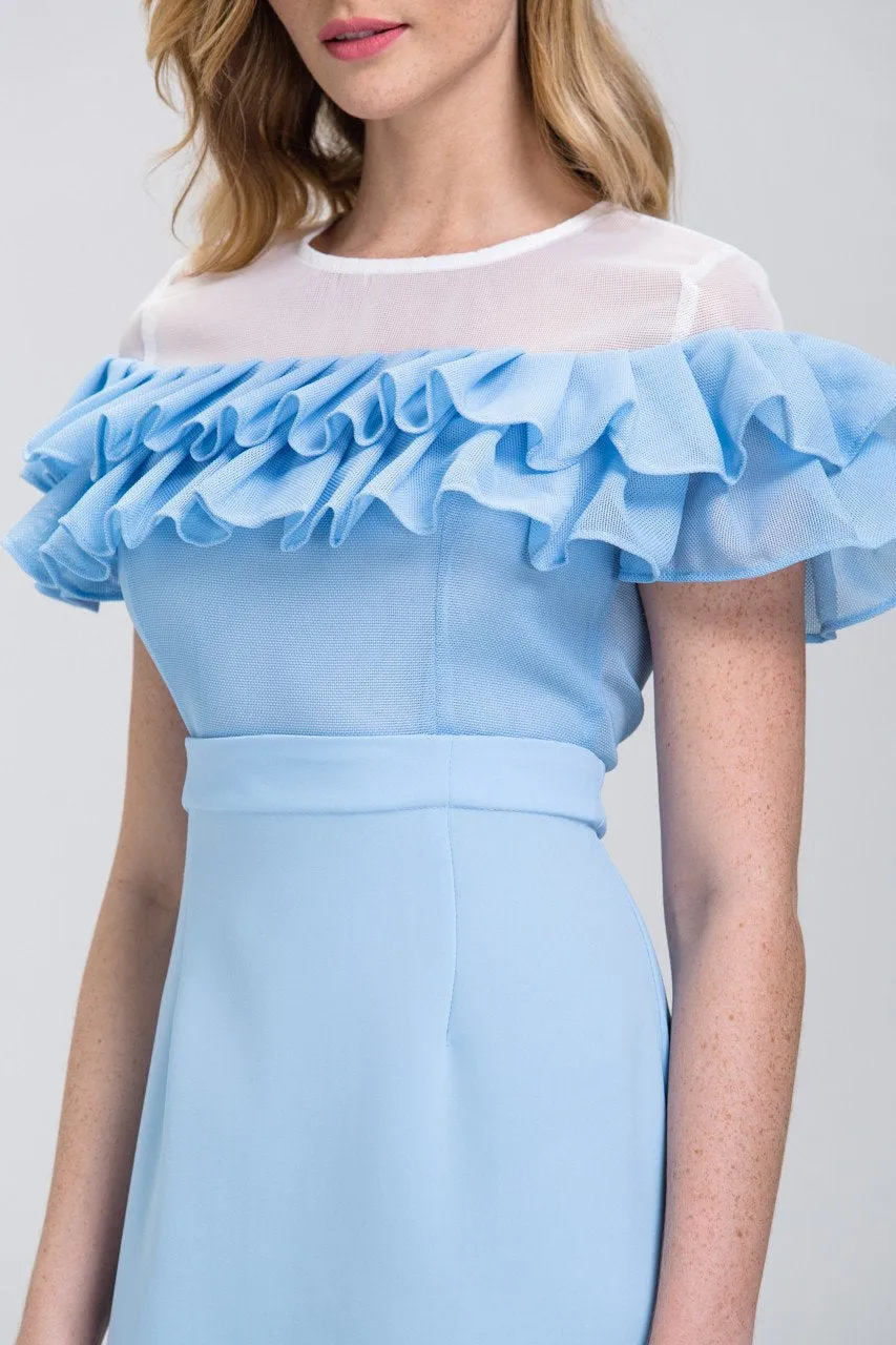 Fatima Almomen - Baby Blue Mesh Yoke Ruffled Midi Dress