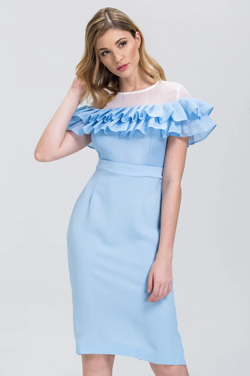 Fatima Almomen - Baby Blue Mesh Yoke Ruffled Midi Dress