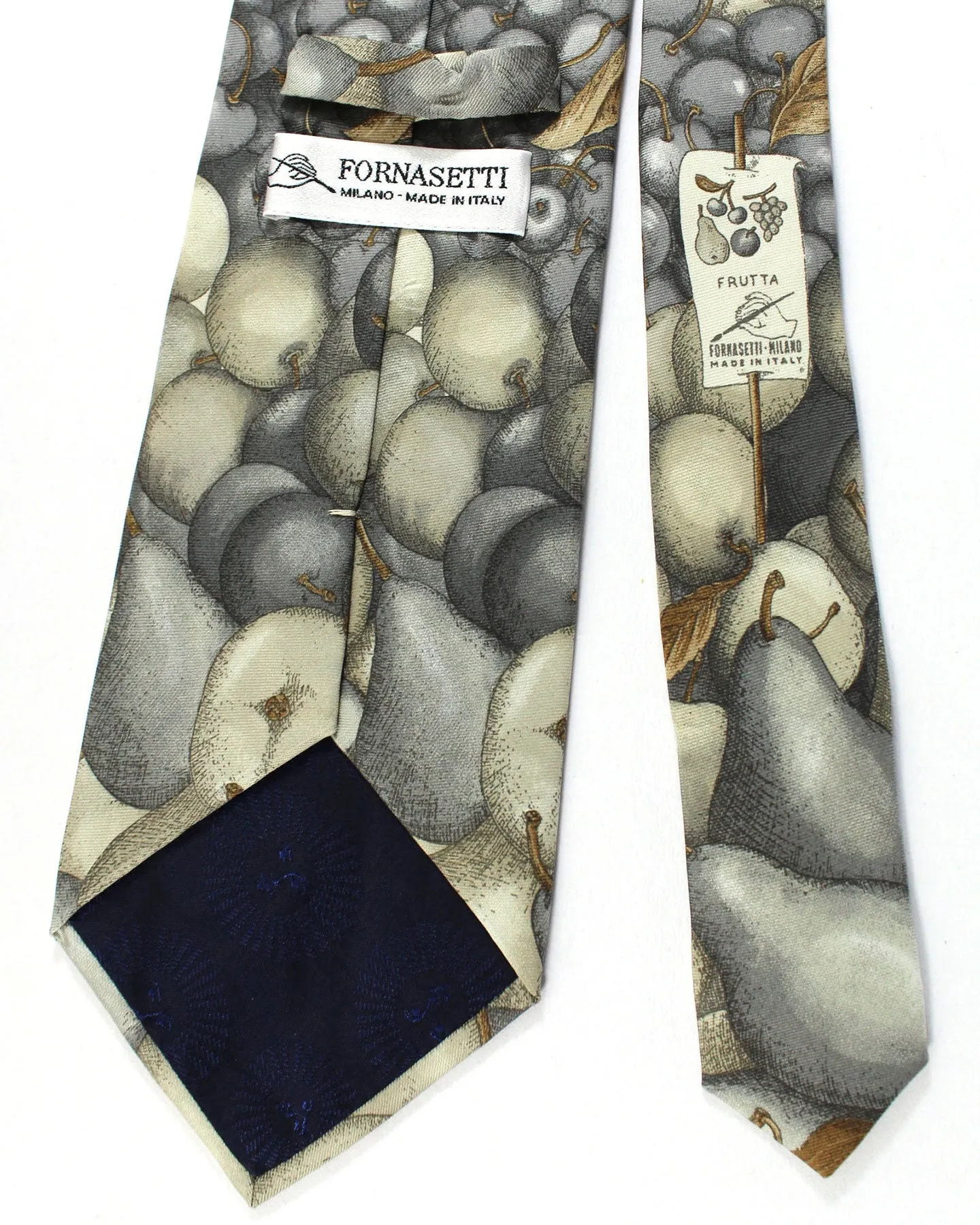 Fornasetti Silk Tie Gray Fruit Design - Wide Necktie