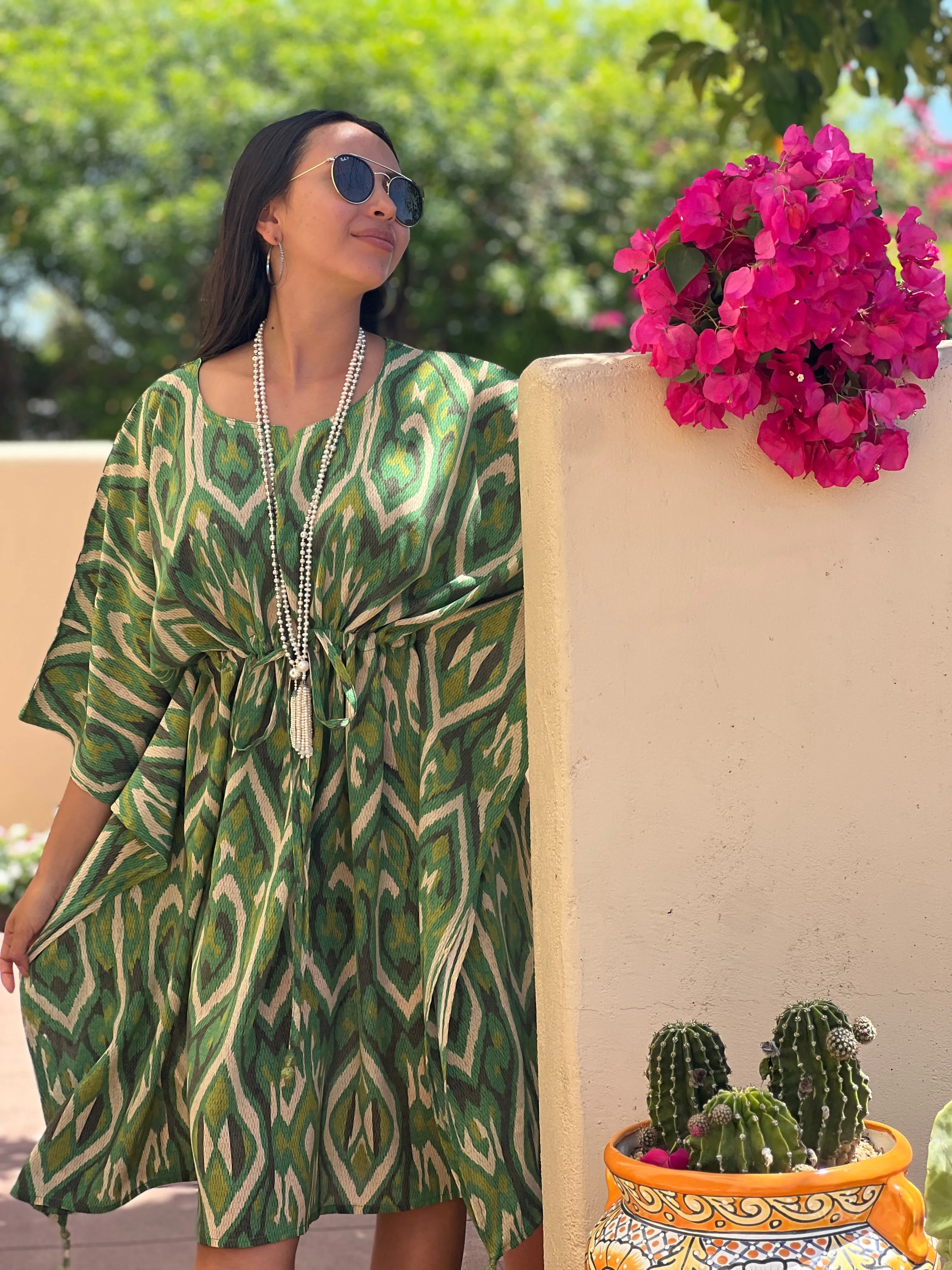 Gallipoli Green Ikat Italian Silk Midi Kaftan