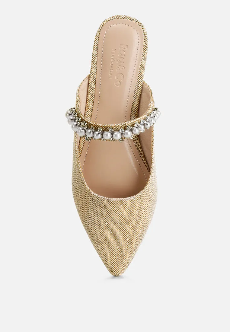 GEODE Pearl Embellished Slip On Mules In Beige