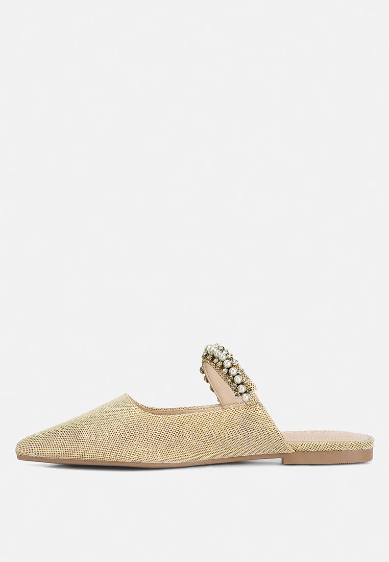 GEODE Pearl Embellished Slip On Mules In Beige