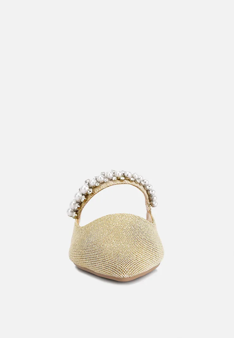 GEODE Pearl Embellished Slip On Mules In Beige