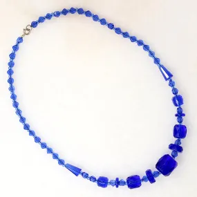 Geometric Art Deco Blue Glass Bead Necklace