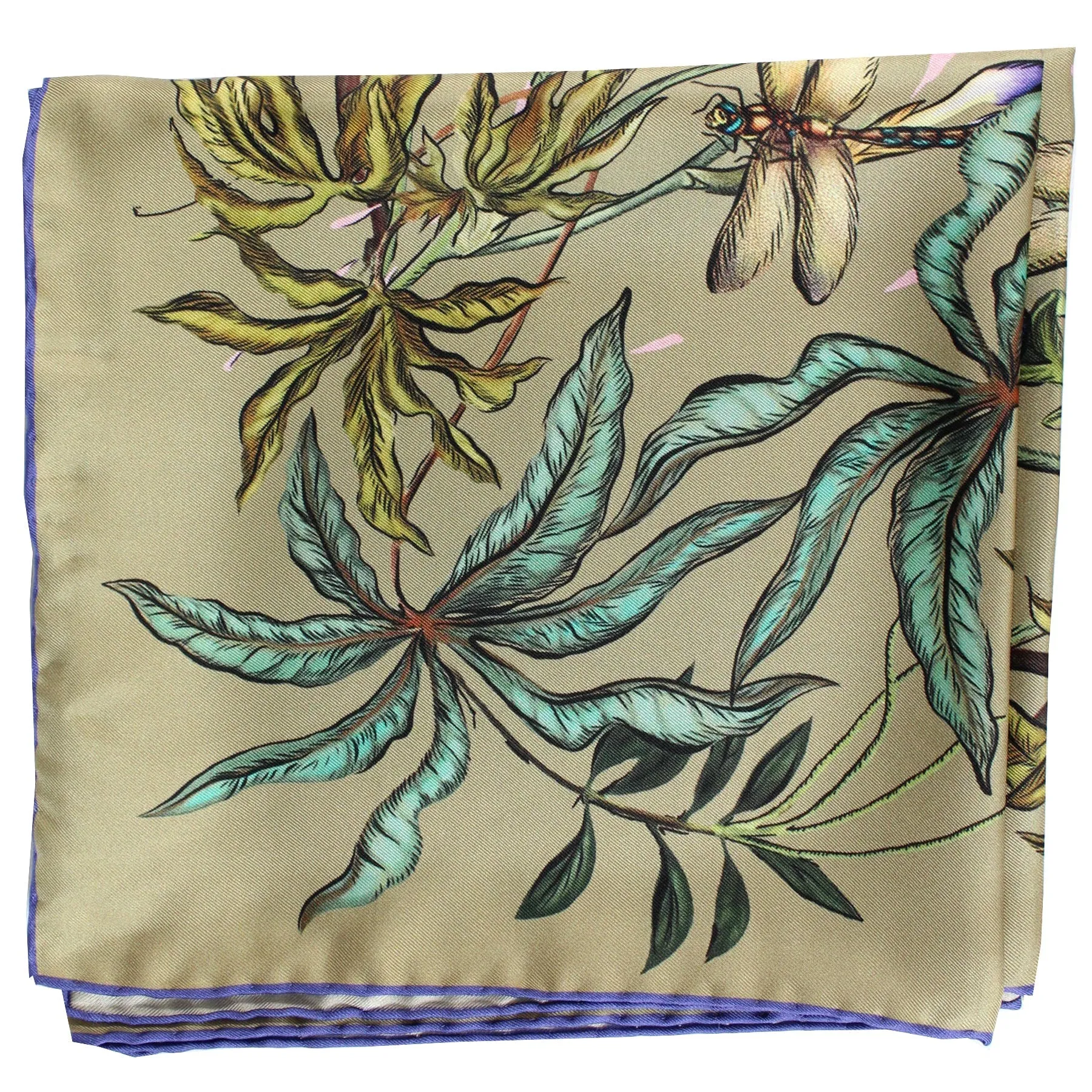 Givenchy Scarf Taupe Olive Green Botanical Floral Dragonfly - Twill Silk Square Scarf SALE