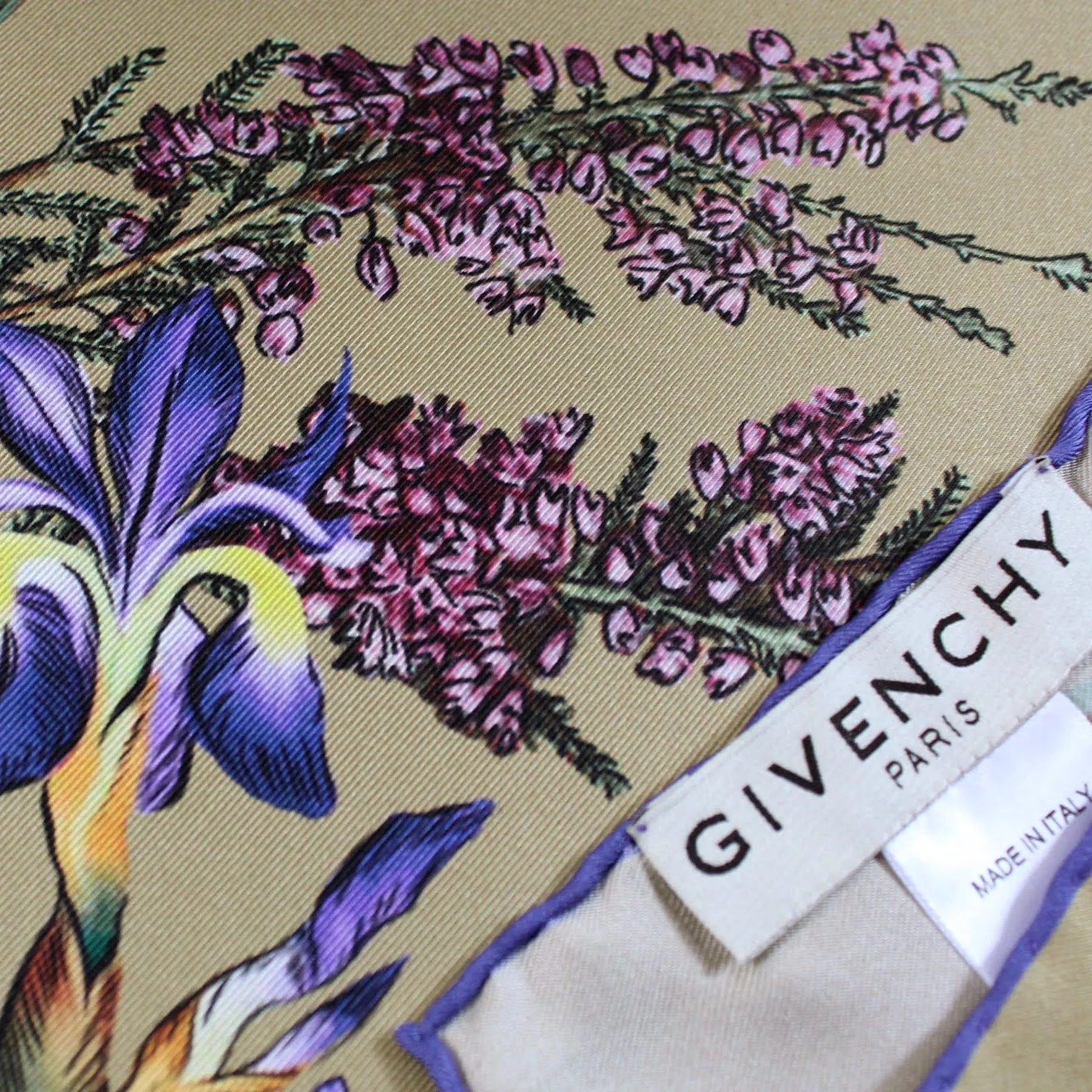 Givenchy Scarf Taupe Olive Green Botanical Floral Dragonfly - Twill Silk Square Scarf SALE