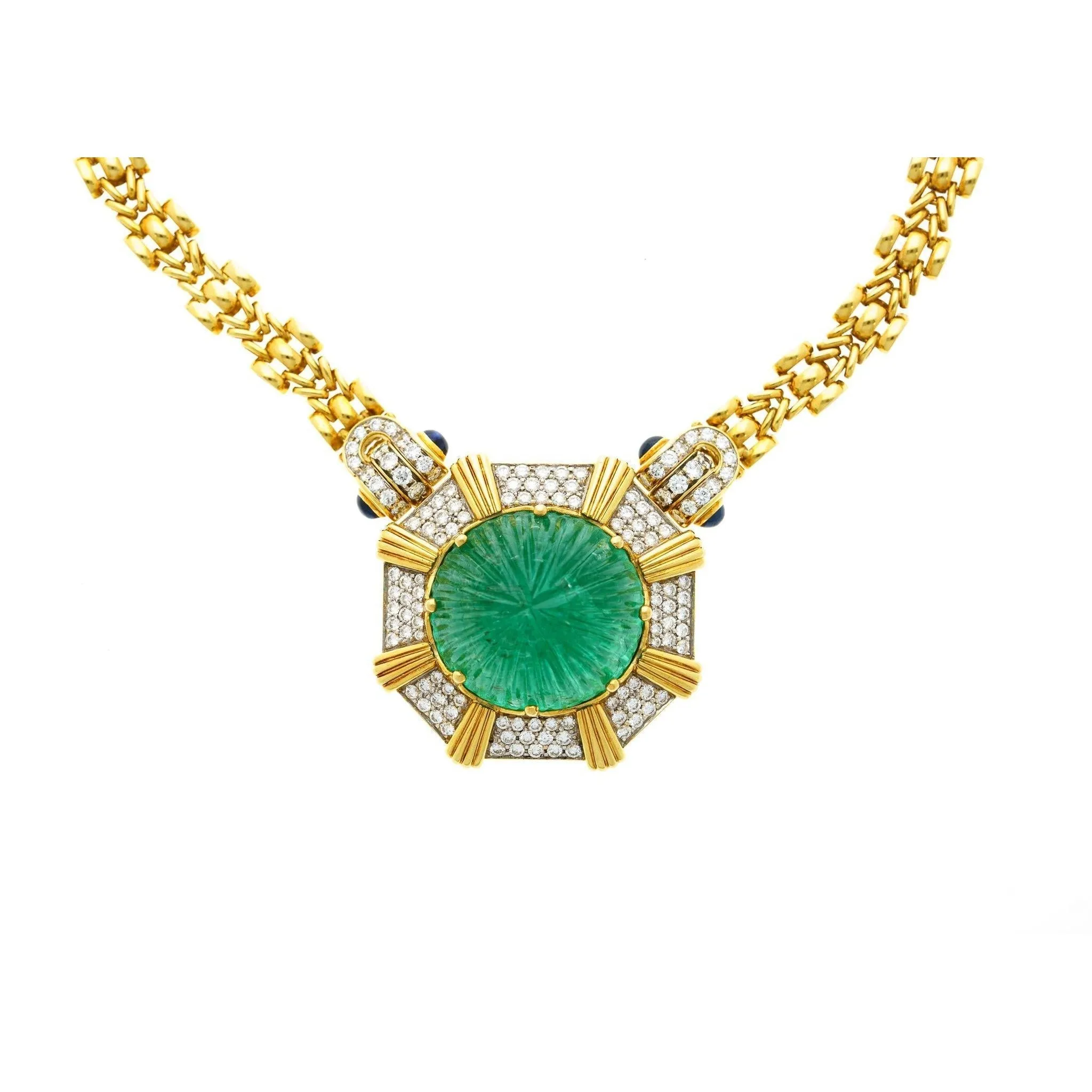 GRS Certified 108 Carat Carved Pastel Green Emerald Regal Pendant Necklace