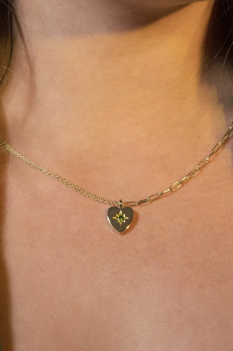 JJ Peridot Heart Charm Double Chain Necklace