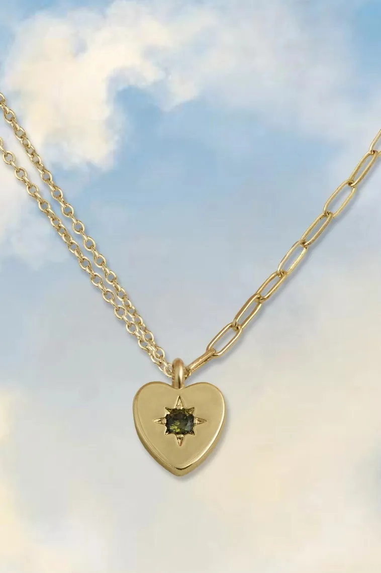 JJ Peridot Heart Charm Double Chain Necklace