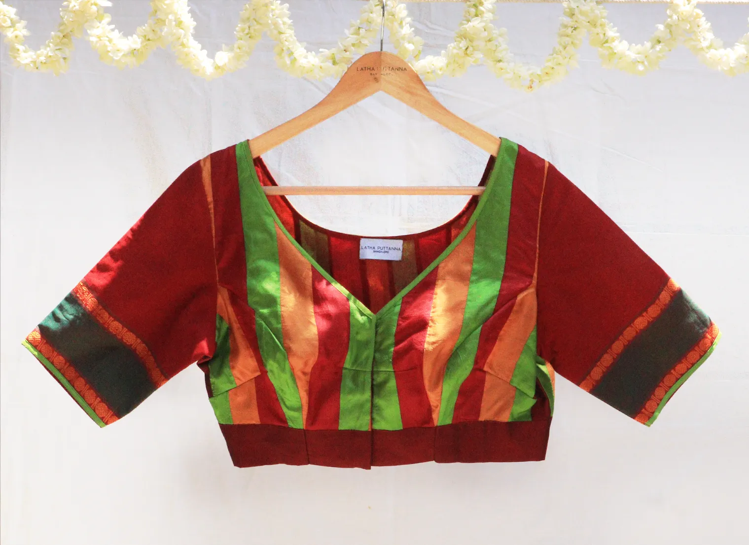 Maroon, Green and Mustard, Karnataka silk  Patchwork blouse