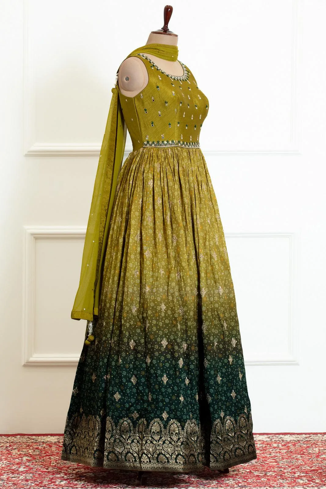 Mehendi Green and Dark Green Shaded Zari and Stone work with Bandini Print Anarkali Suit