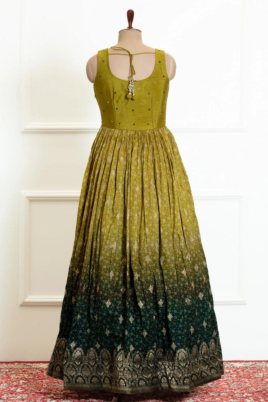 Mehendi Green and Dark Green Shaded Zari and Stone work with Bandini Print Anarkali Suit