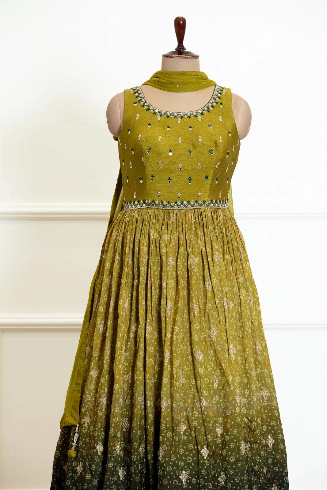 Mehendi Green and Dark Green Shaded Zari and Stone work with Bandini Print Anarkali Suit