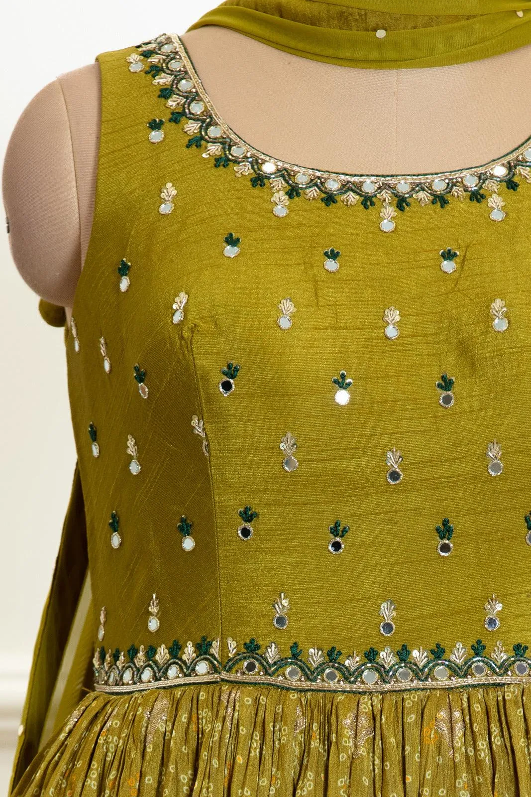 Mehendi Green and Dark Green Shaded Zari and Stone work with Bandini Print Anarkali Suit