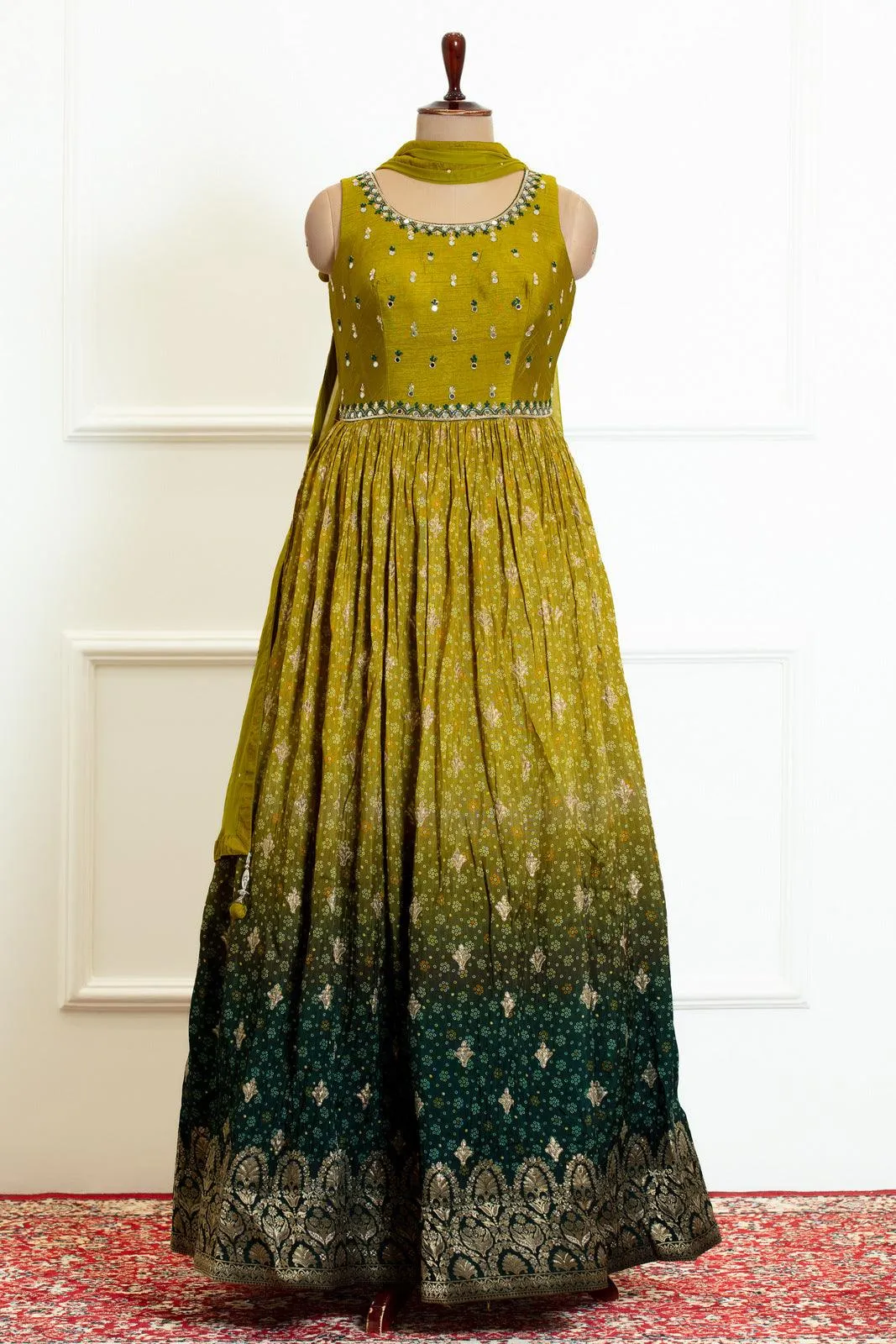 Mehendi Green and Dark Green Shaded Zari and Stone work with Bandini Print Anarkali Suit