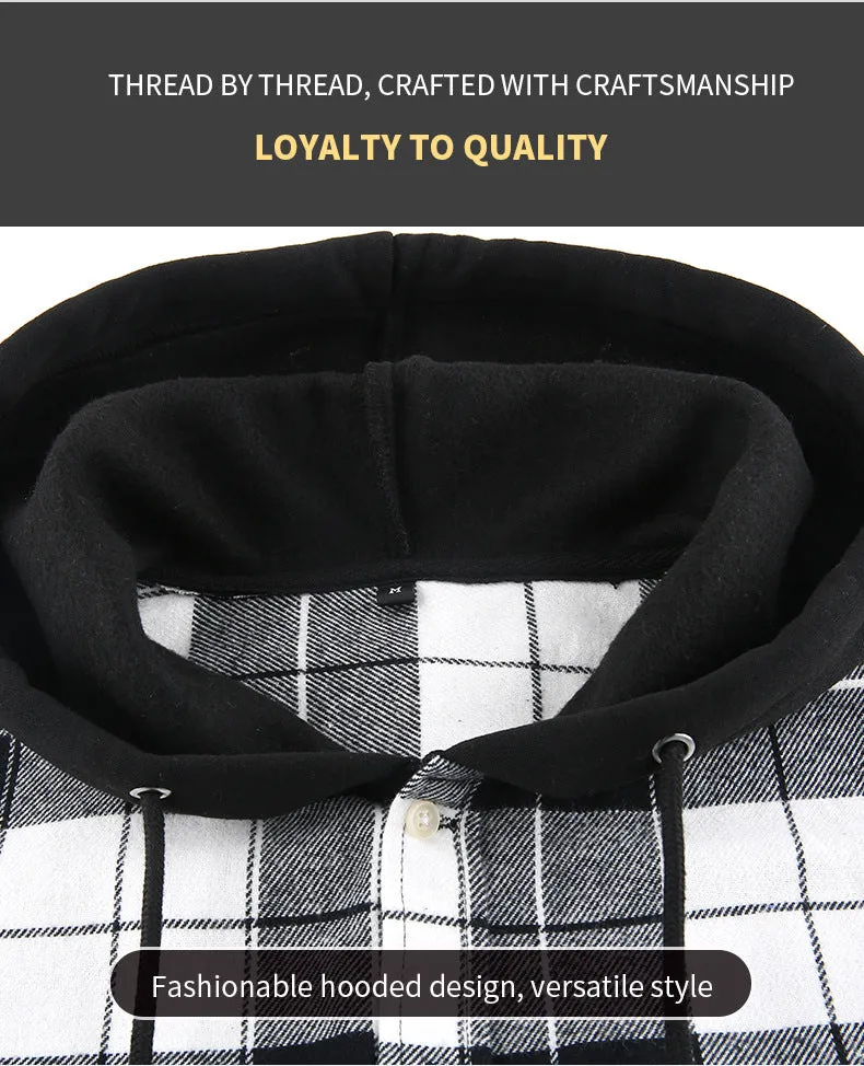 Men Premium Loose Fit Casual Flannel Long Sleeve Hooded Plaid Checkered Shirt | JM419