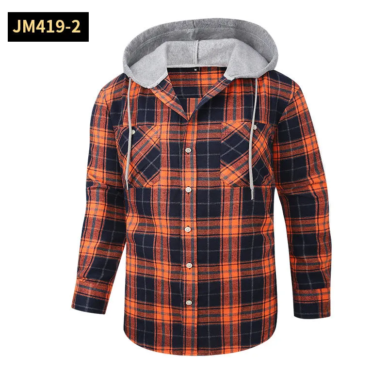 Men Premium Loose Fit Casual Flannel Long Sleeve Hooded Plaid Checkered Shirt | JM419