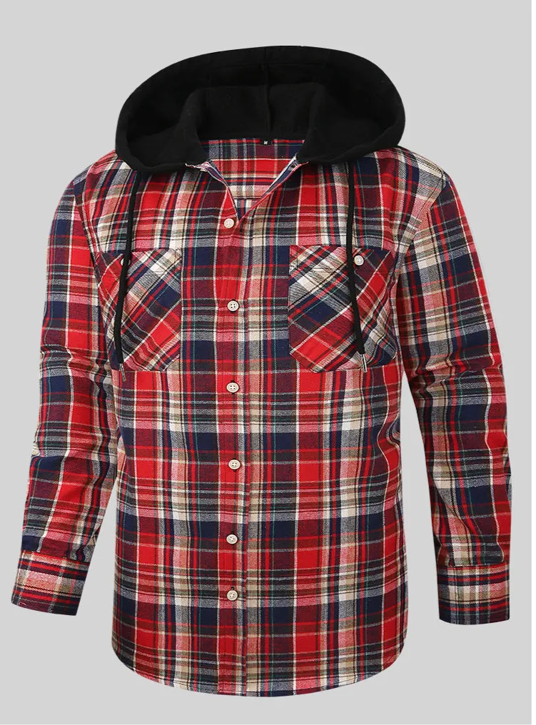 Men Premium Loose Fit Casual Flannel Long Sleeve Hooded Plaid Checkered Shirt | JM419