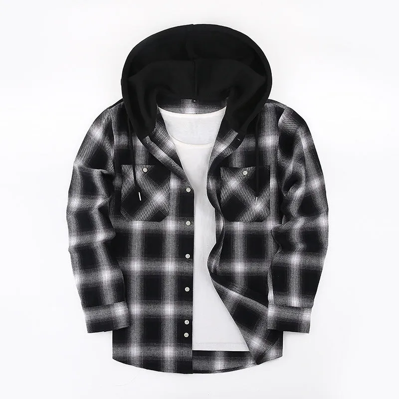 Men Premium Loose Fit Casual Flannel Long Sleeve Hooded Plaid Checkered Shirt | JM419