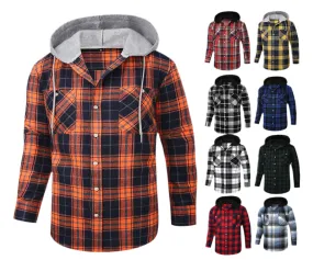 Men Premium Loose Fit Casual Flannel Long Sleeve Hooded Plaid Checkered Shirt | JM419