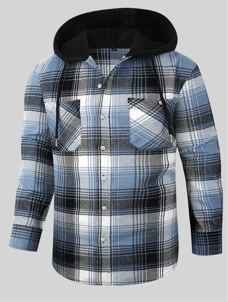 Men Premium Loose Fit Casual Flannel Long Sleeve Hooded Plaid Checkered Shirt | JM419