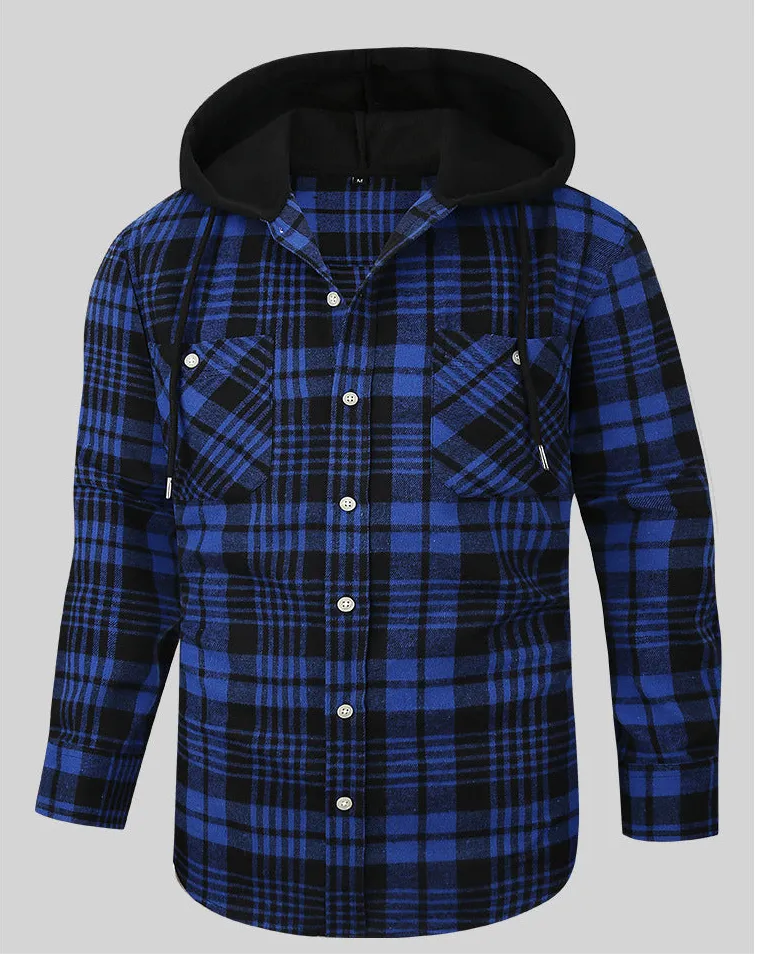 Men Premium Loose Fit Casual Flannel Long Sleeve Hooded Plaid Checkered Shirt | JM419