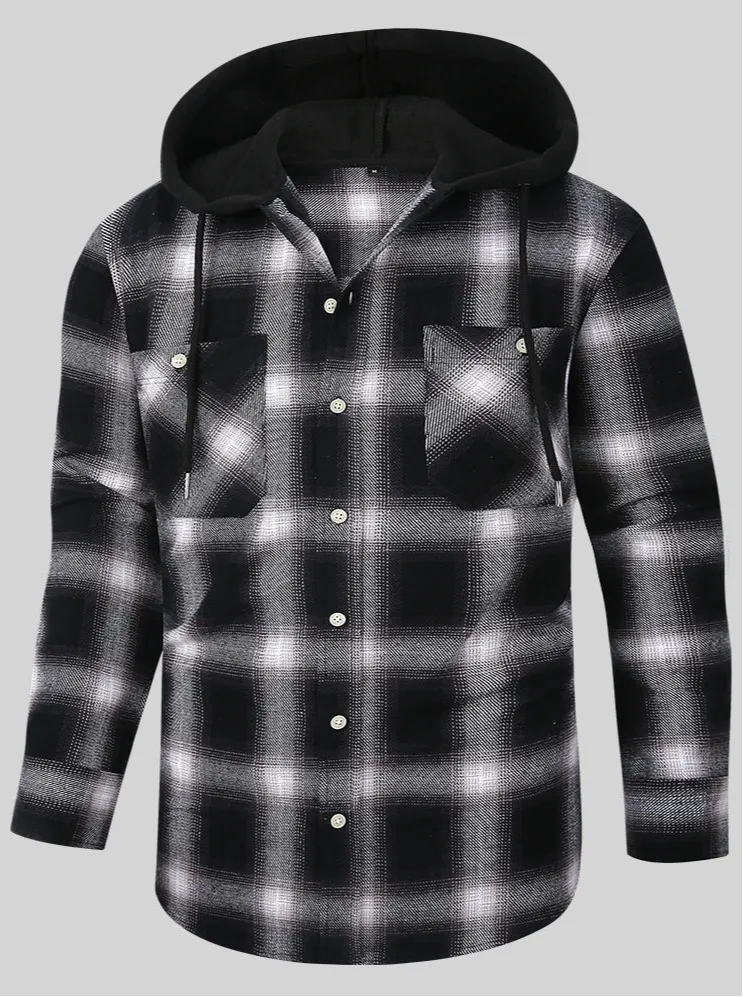 Men Premium Loose Fit Casual Flannel Long Sleeve Hooded Plaid Checkered Shirt | JM419