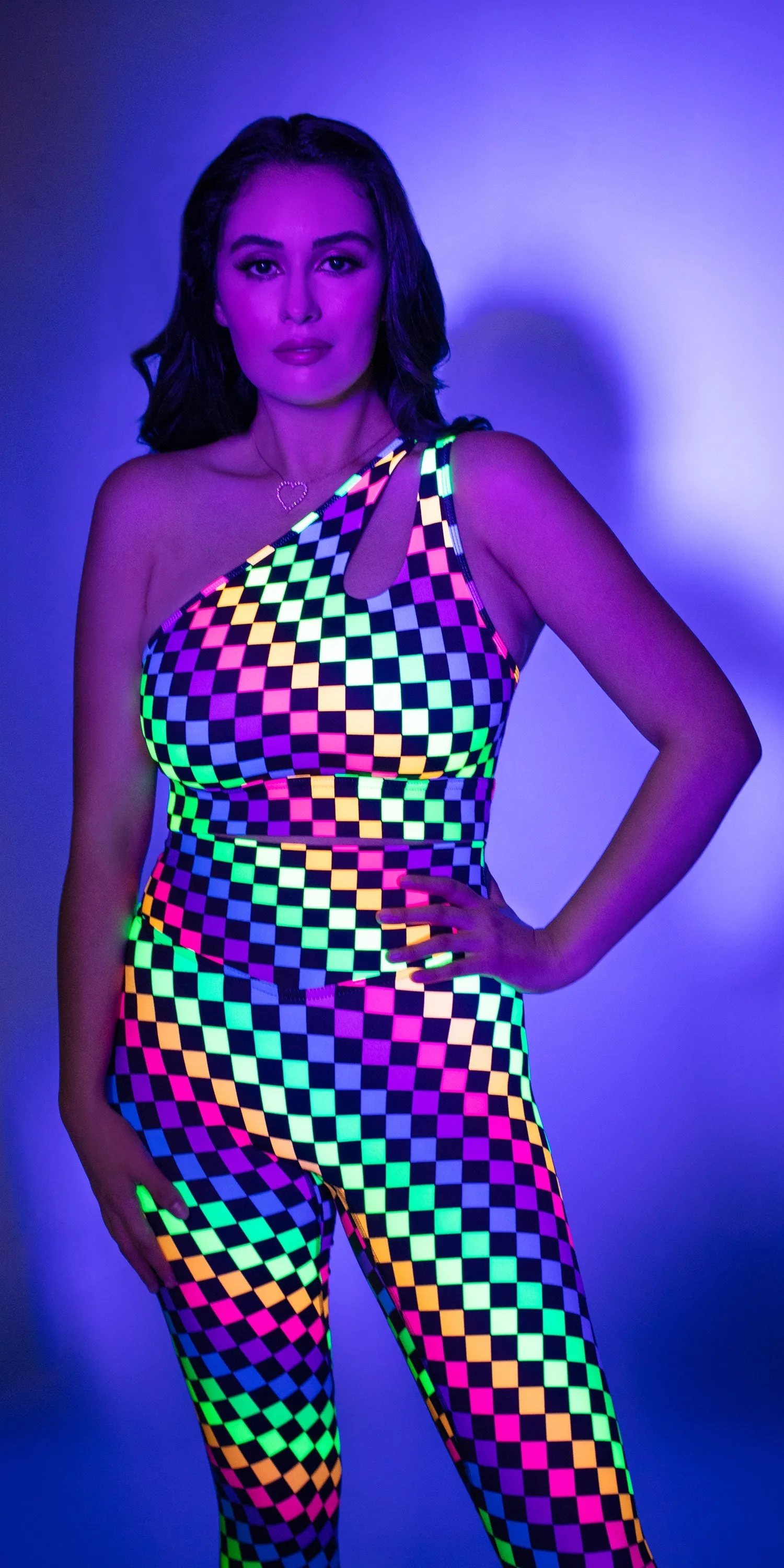 Neon Pop Checkers - Teardrop One-Shoulder Sports Bra [Final Sale]