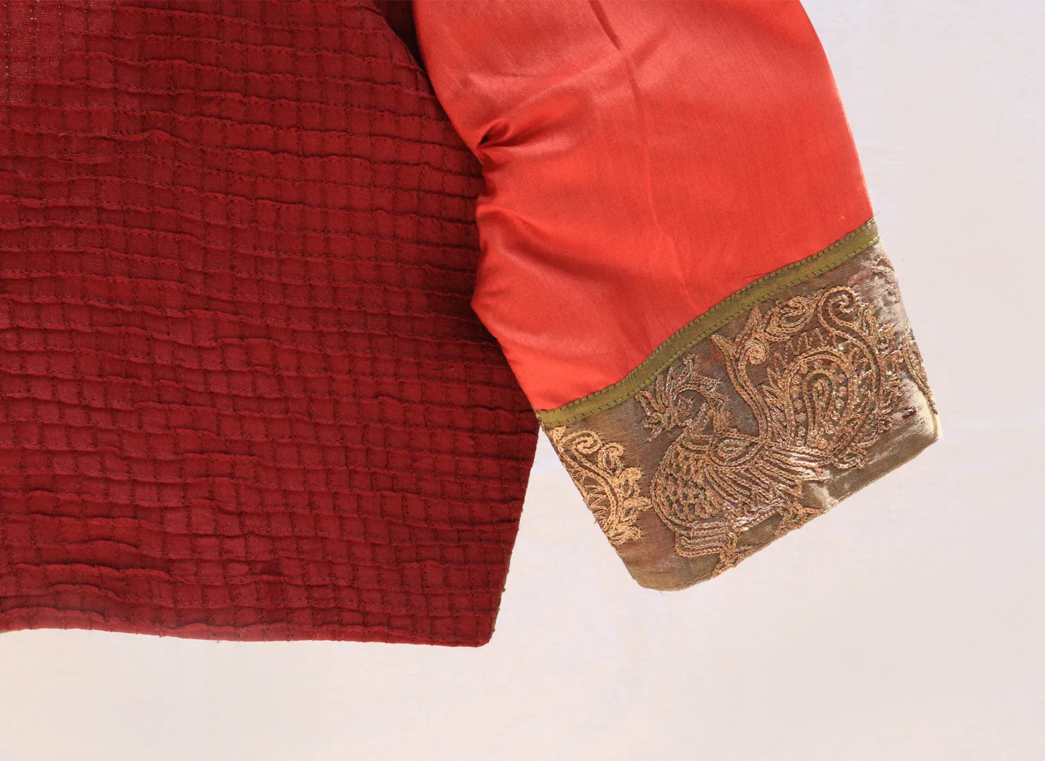 Olive green, Dark orange and Maroon,Karnataka silk,  Pintuck blouse