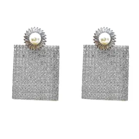 PEARL STUD SQUARED CRYSTAL PAVE DROP EARRINGS