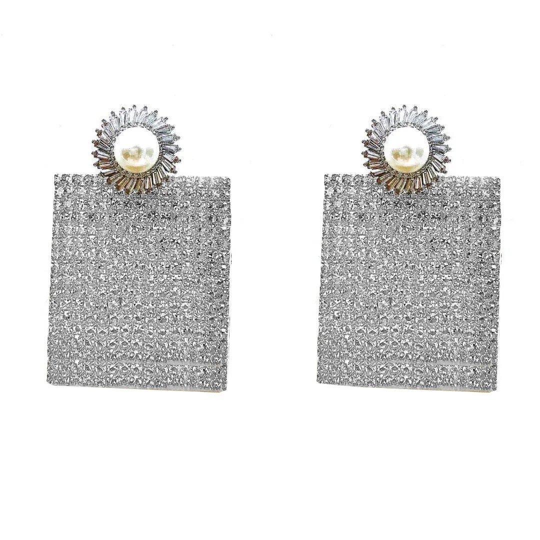 PEARL STUD SQUARED CRYSTAL PAVE DROP EARRINGS