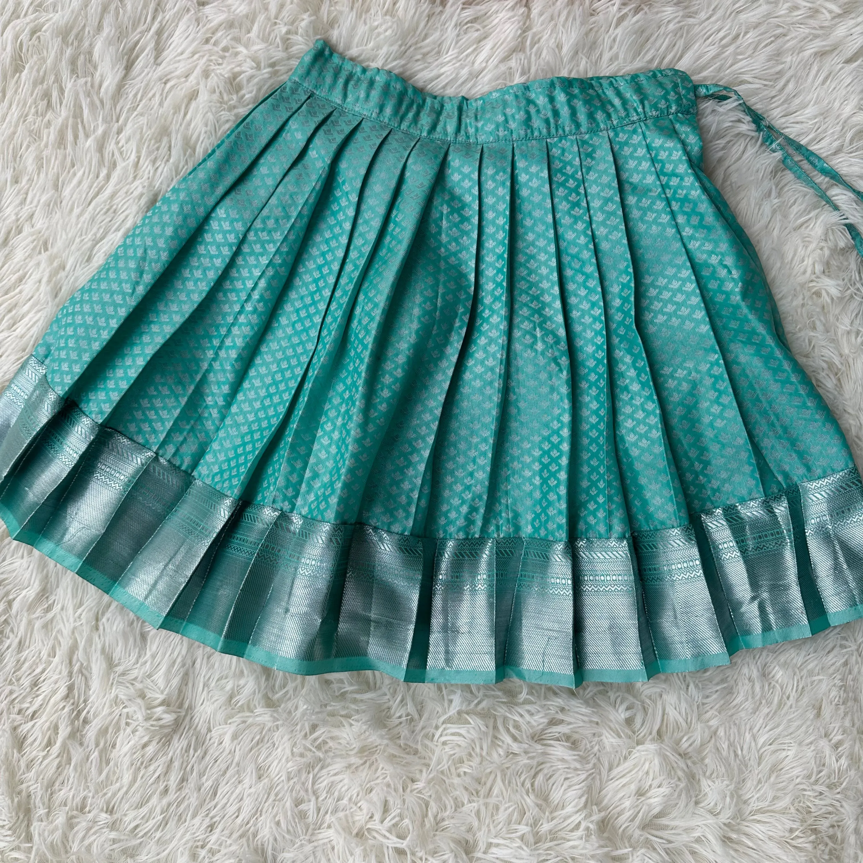 PRE ORDER : Seaside Chic: Sea Green Semi-Silk Skirt with Yellow Balloon Sleeve