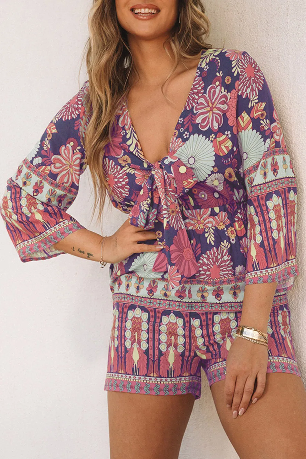 Purple Vintage Printed 3/4 Sleeves V Neck Romper