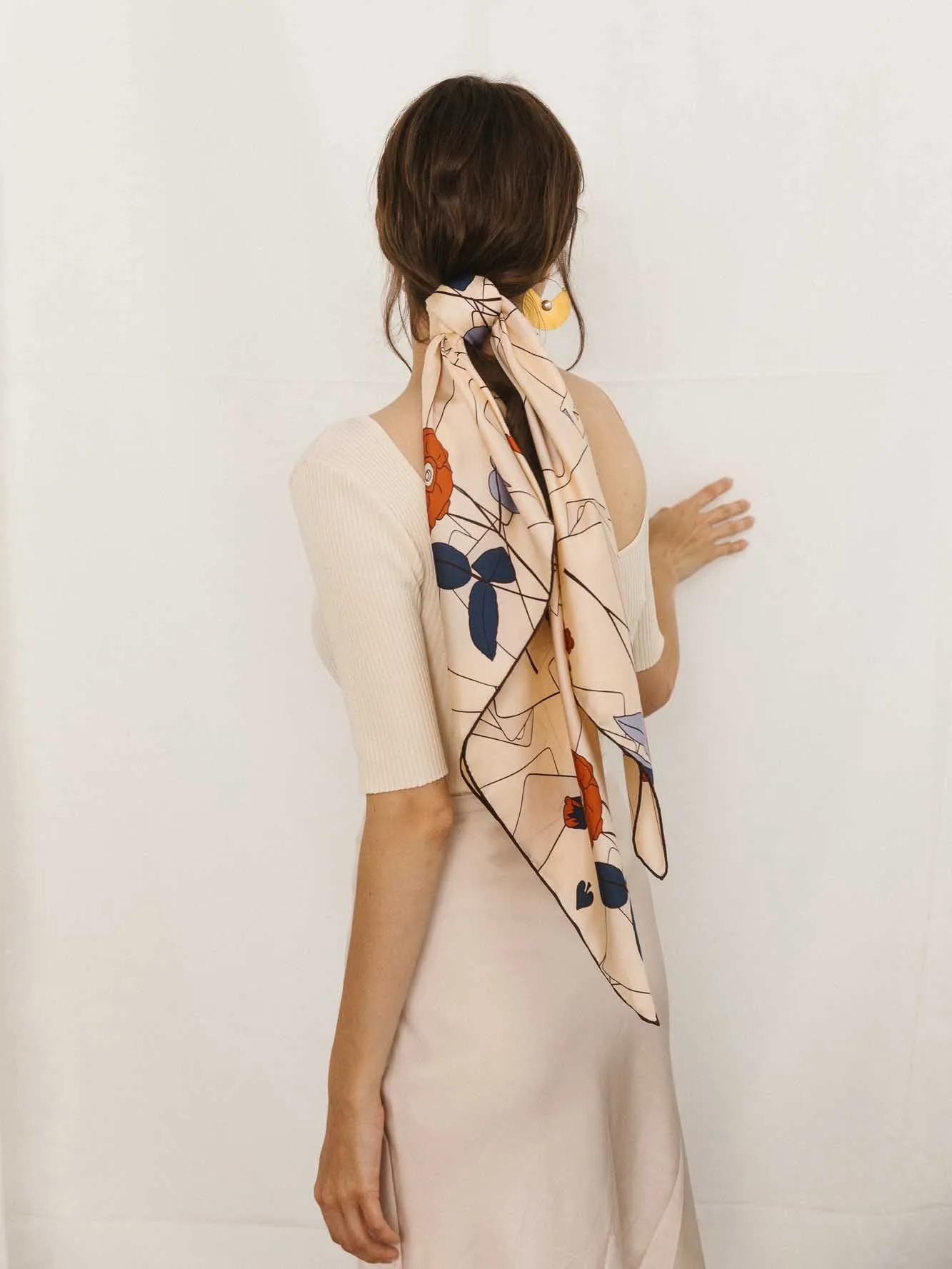 "Camellia" Large Silk Square Scarf - Khaki