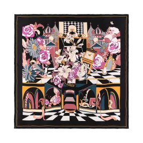 "Vintage Blooms" Large Silk Square Scarf - Black & Purple