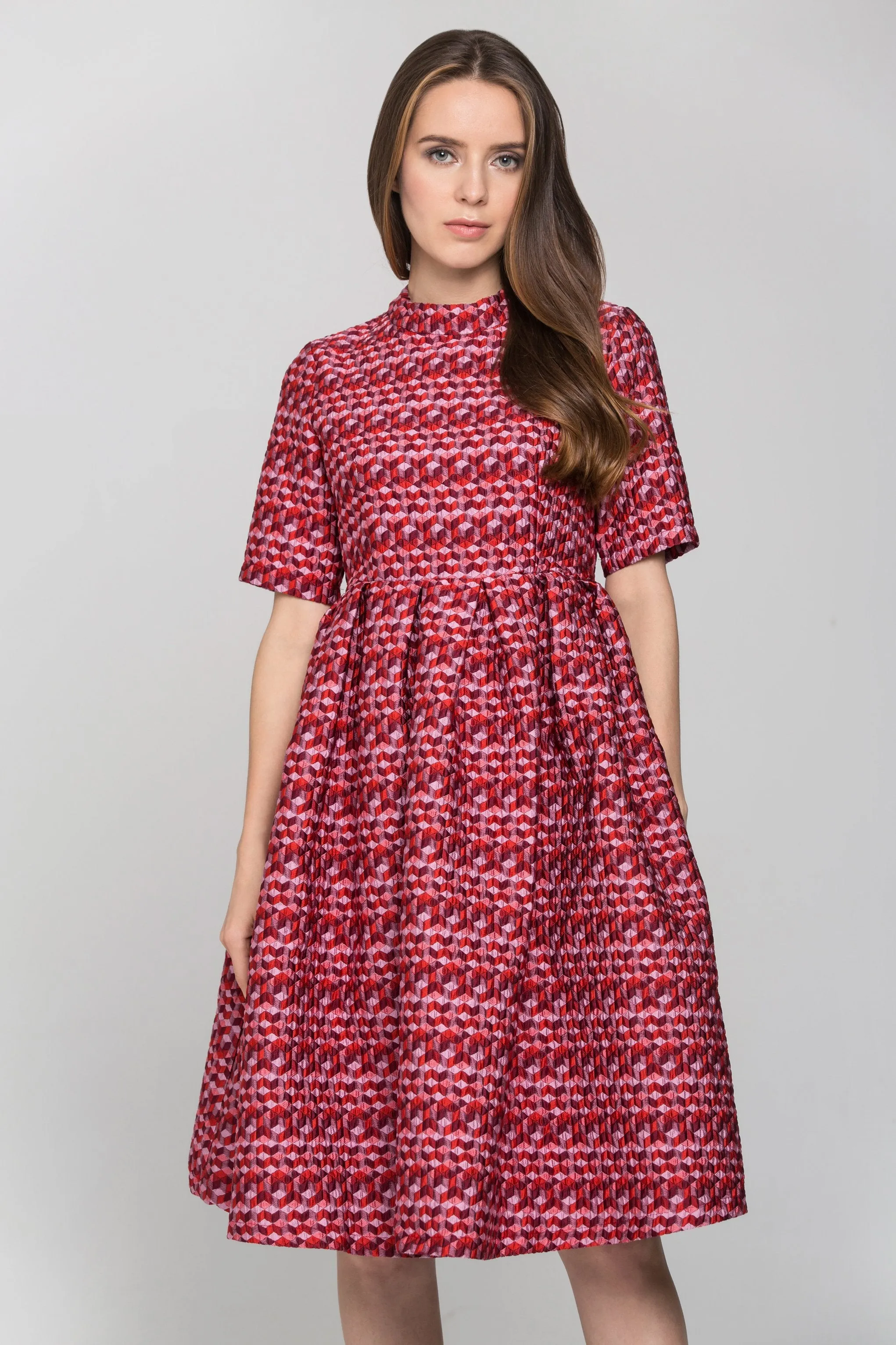 Red Sleeved Cube Print Midi Dress