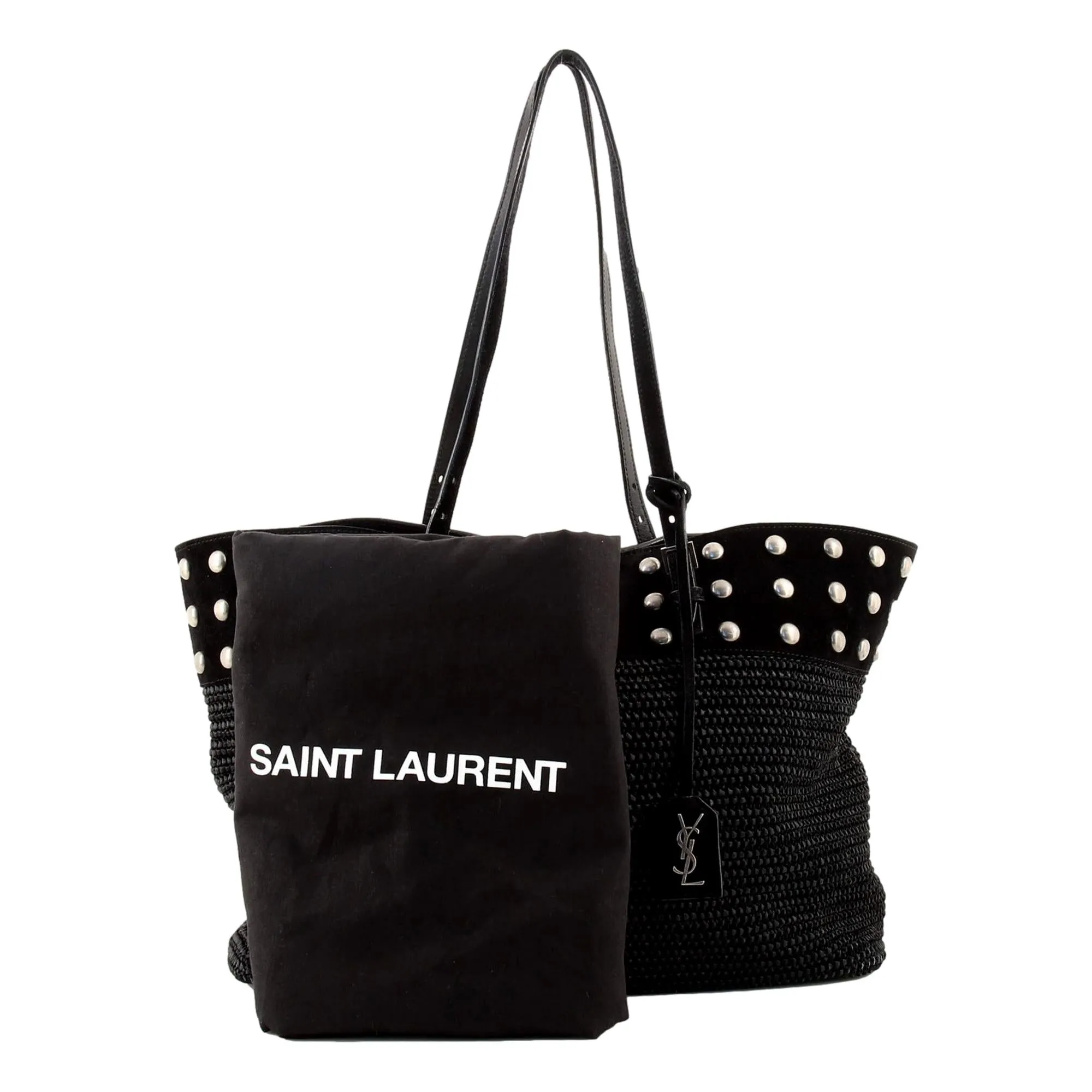 Saint Laurent Boucle Studded Black Raffia Leather Shopping Tote