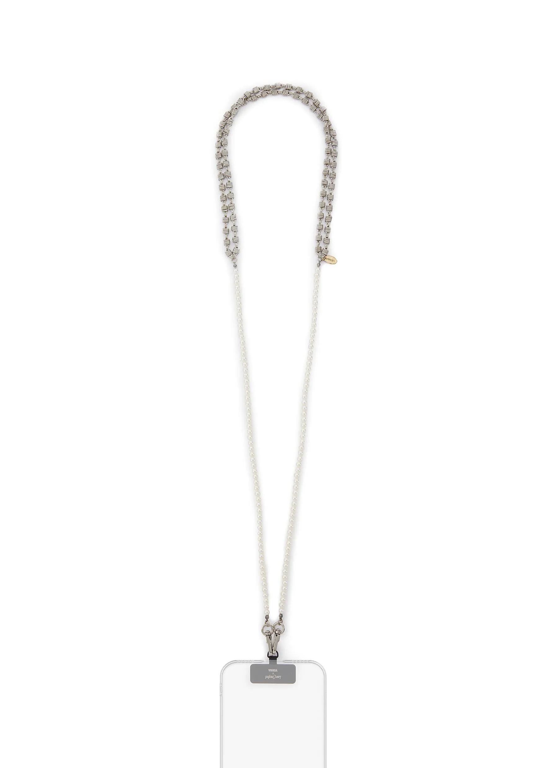 SILVER TONED METAL FAUX PEARL PHONE STRAP