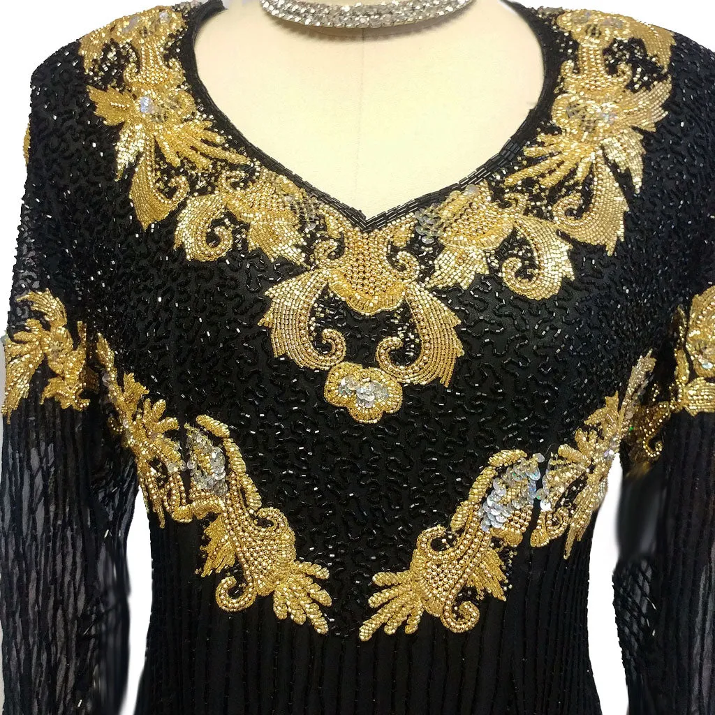 SPECTACULAR VINTAGE BLACK AND GOLD SPARKLING SEQUIN AND BEADED EVENING GOWN