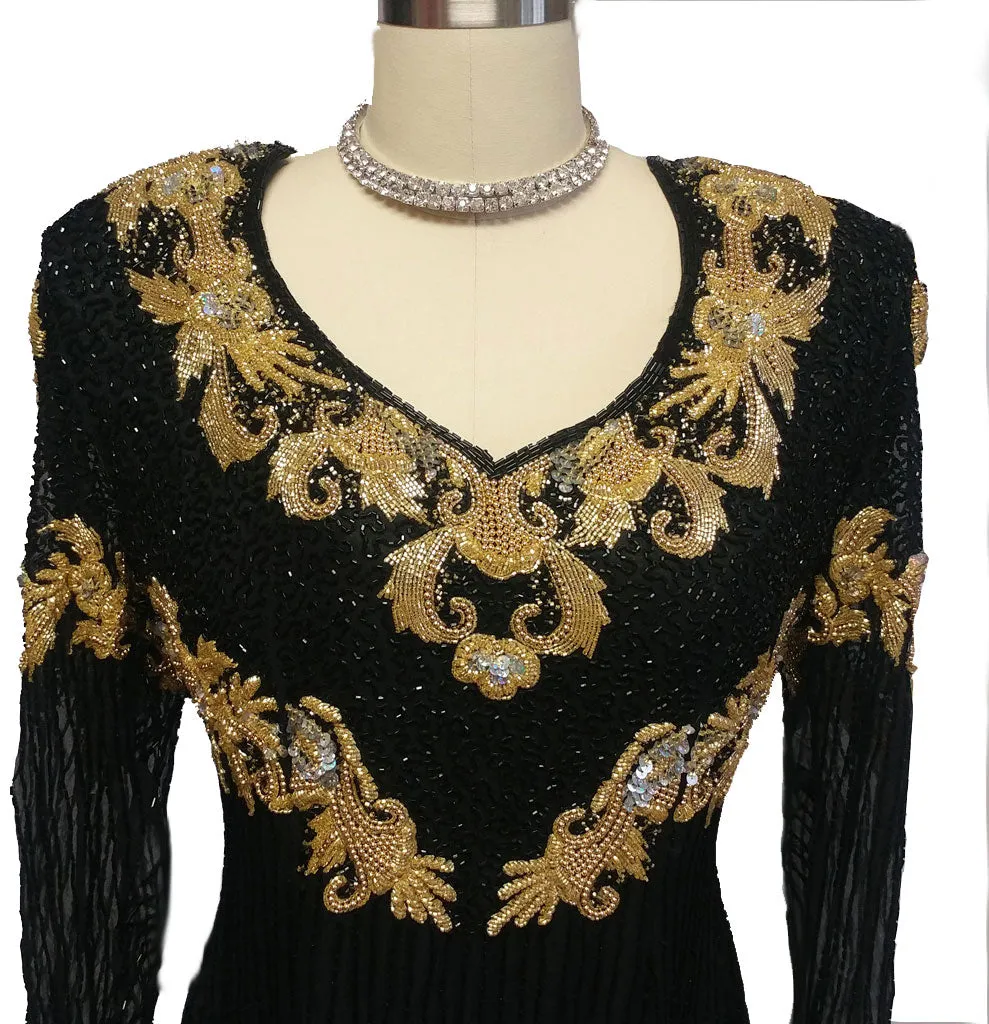 SPECTACULAR VINTAGE BLACK AND GOLD SPARKLING SEQUIN AND BEADED EVENING GOWN