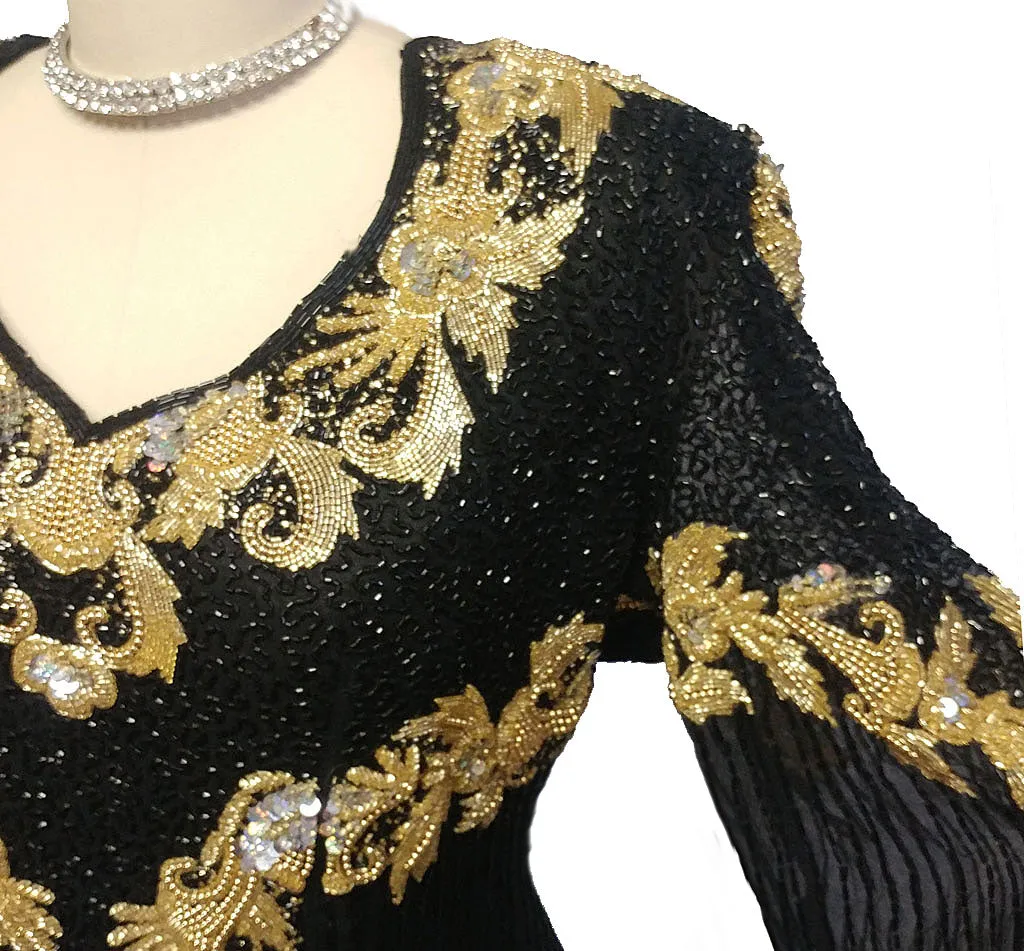 SPECTACULAR VINTAGE BLACK AND GOLD SPARKLING SEQUIN AND BEADED EVENING GOWN