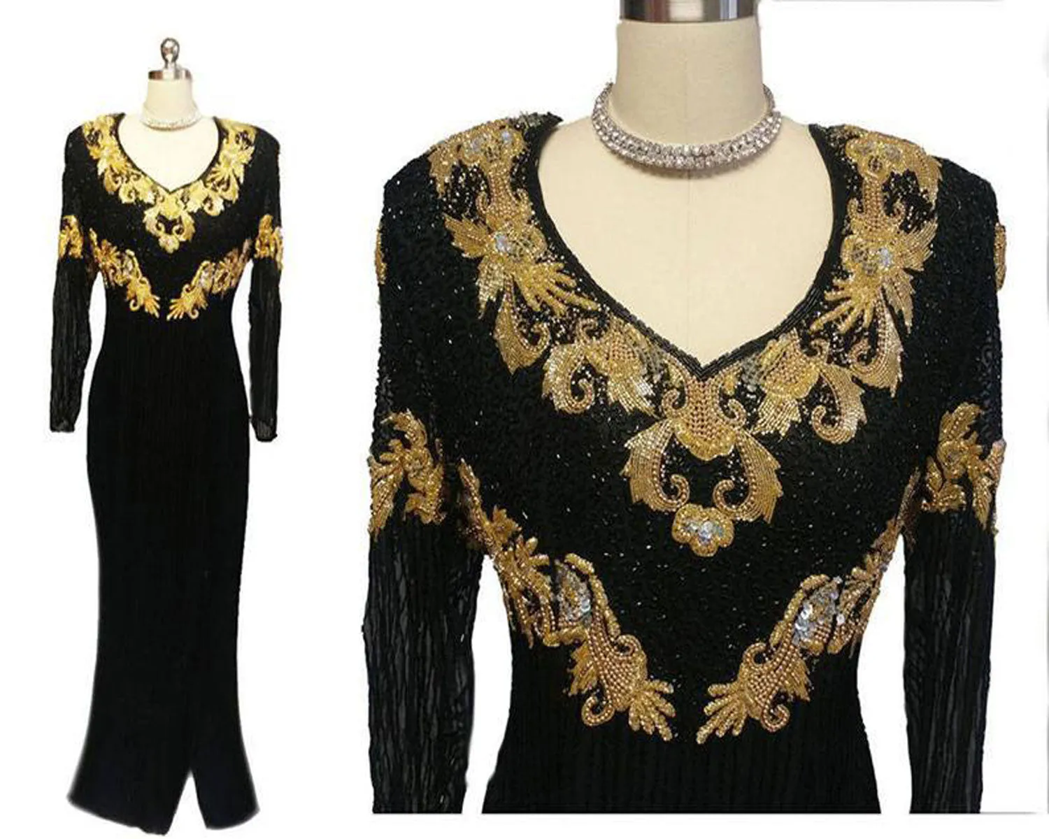 SPECTACULAR VINTAGE BLACK AND GOLD SPARKLING SEQUIN AND BEADED EVENING GOWN