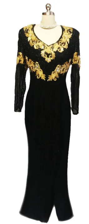 SPECTACULAR VINTAGE BLACK AND GOLD SPARKLING SEQUIN AND BEADED EVENING GOWN